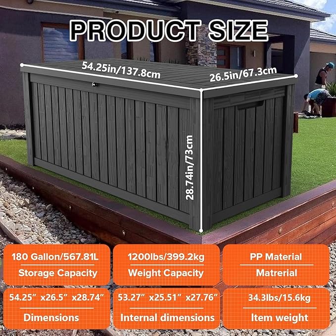 180 Gallon Resin Deck Box, Waterproof Outdoor Storage Box - Image 3