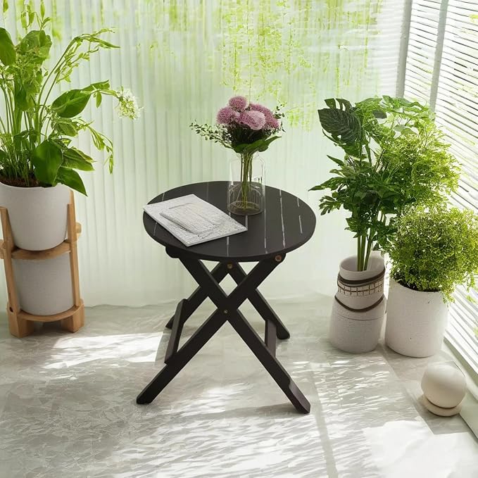 Small Round Folding Side Table Set of 2, Patio Foldable Wooden End Tables - Image 2