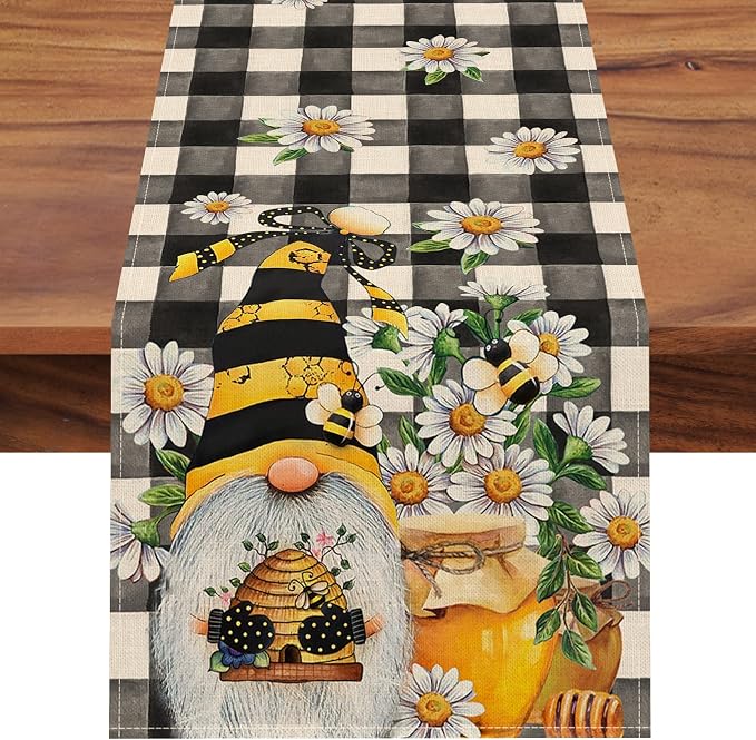 Seliem Spring Bee Gnome Table Runner, Honey Black White Buffalo Plaid Check by Seliem