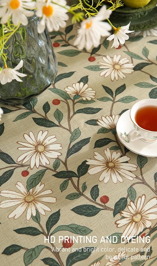 ISAENNE Designer Green Linen Table Cloth Rectangle, Floral French Country - Image 5
