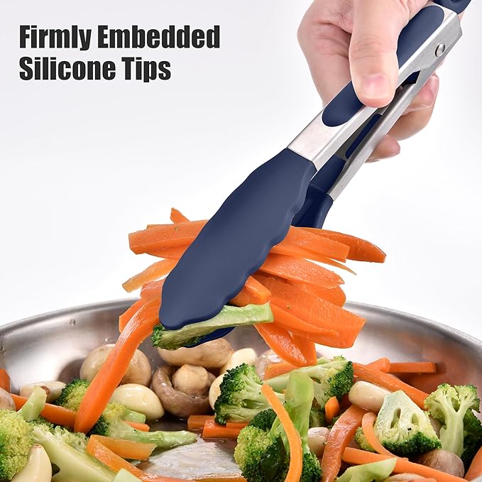 Navy Blue Locking Tongs, 10.5-Inch Stainless Steel with Silicone Tips