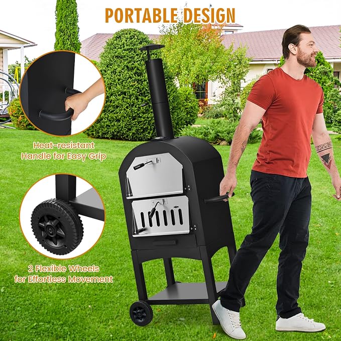 Happygrill Outdoor Pizza Oven Wood Fired, Portable Pizza Maker Grill w/Stone - Image 3