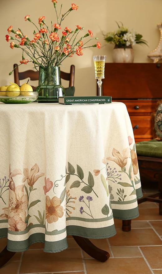 Designer Vintage French Small Round Tablecloth, Linen Shabby Chic Floral - Image 8