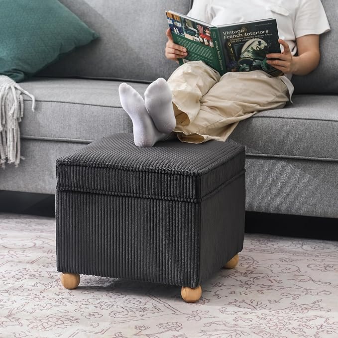 Adeco 17 Inch High Striped Flannel Black Cube Ottoman Storage, 3D Embossed - Image 5