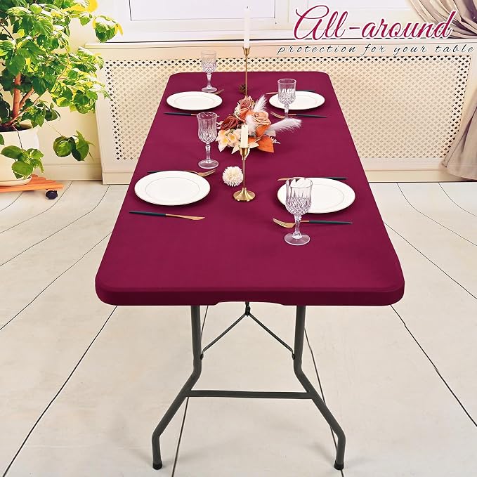 6 Pack Stretch Fabric Table Top Cap Cover, Wine Red Table Covers fits 8Ft Tables - Image 6
