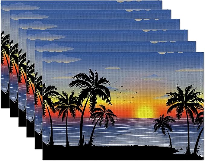 Tropical Landscape Placemats Set of 6, Palm Trees Sunset Seascape Exotic Linen by CIAIDU