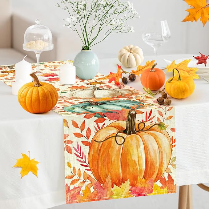 Pumpkin Fall Table Runner, Maple Leaf Autumn Thanksgiving Kitchen Table - Image 5