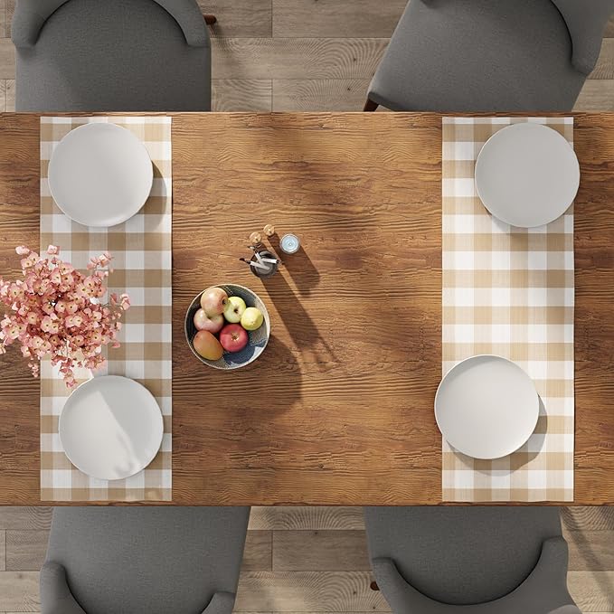 Encasa XO Cotton Dining Table Runner | Buffalo Beige Checks | Size 13x36 in - Image 5