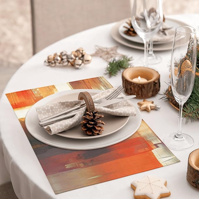 Orange Placemats for Dining Table Set of 6 Modern Art Abstract Painting Place - Image 3