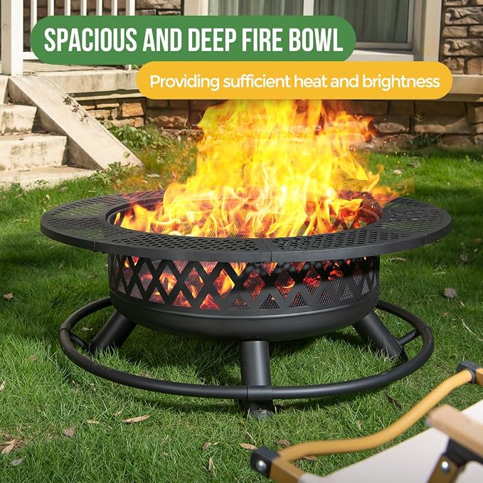 36 Inch Fire Pit with Grill, Wood Burning Fire Pits - Image 3
