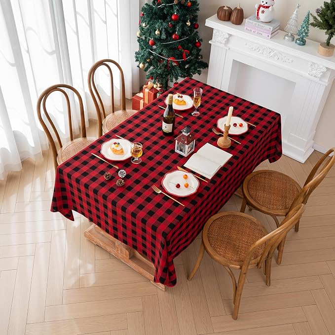 Gingham Christmas Tablecloth Heavy Duty Cotton Blend Red 60x102 inch Plaid - Image 9