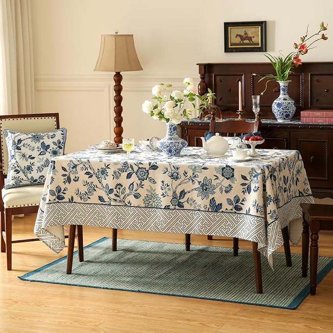 Vintage Blue and White Long Rectangle Tablecloth, French Linen Floral Wrinkle - Image 9