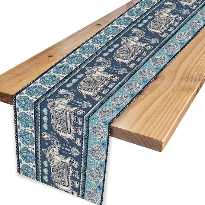 Boho Elephant Table Runner, Rustic African Tribe Animal Diwali India Damask - Image 4