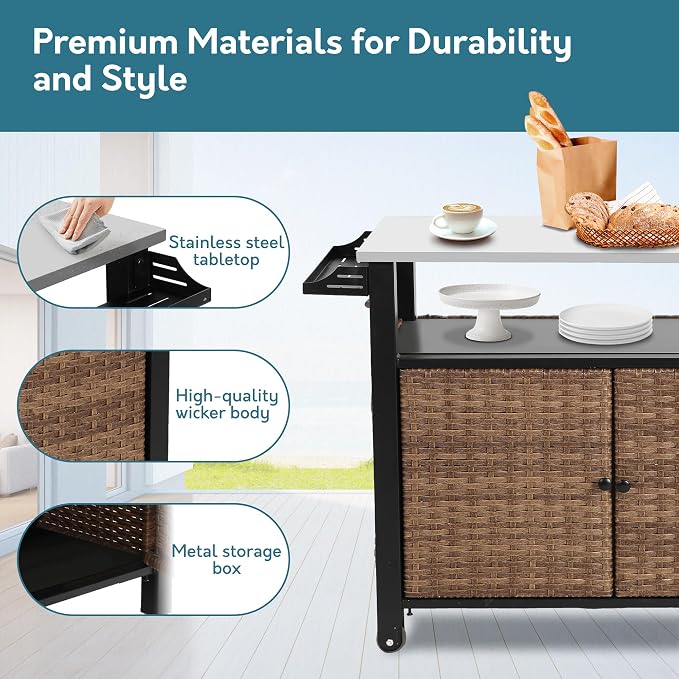 Patio Grill Cart with Wicker Storage, Outdoor Kitchen Island Serving Cart with - Image 3