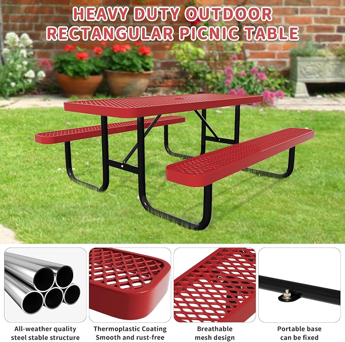 6FT Picnic Tables for Outdoors, Rectangular Commercial Metal Picnic Table Bench - Image 4