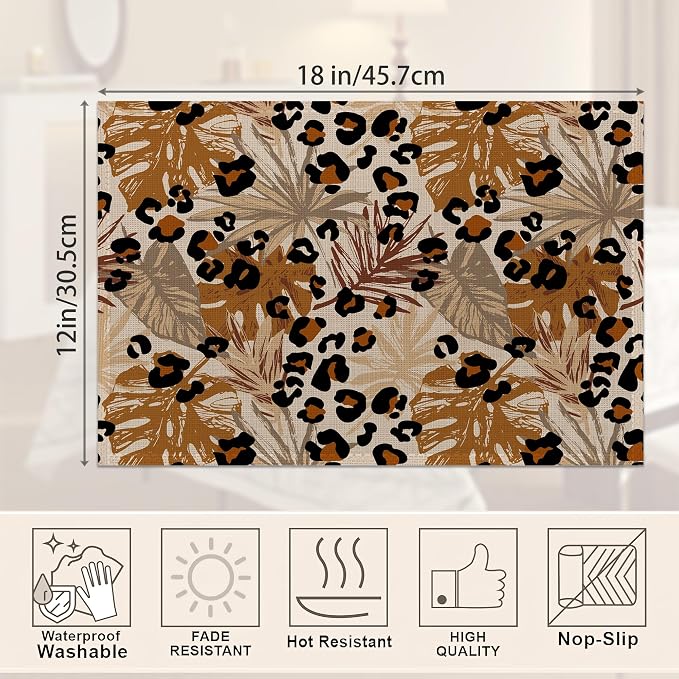 Black Brown Leopard Placemats Set of 6, Tropical Palm Leaves Place Mats Heat - Image 2