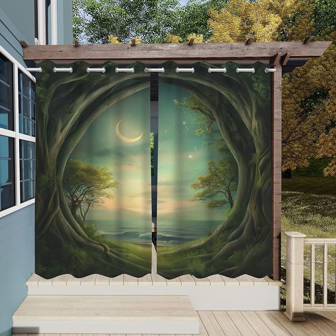Forest Theme Waterproof Indoor/Outdoor Curtains, Trees Moon Lake Pattern - Image 3