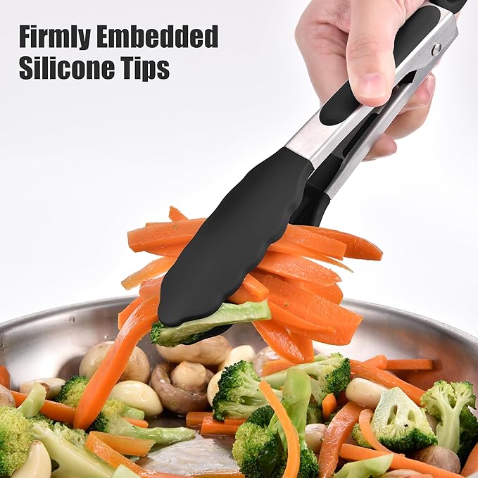 Kitchen Tongs with Silicone Tips, Locking Design, 600°F Heat Resistant