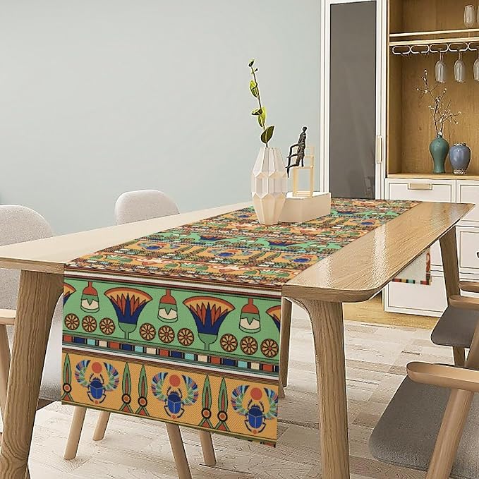 Egyptian Print Table Runner, Egyptian Ornament Scarab Flower Abstract Design - Image 3