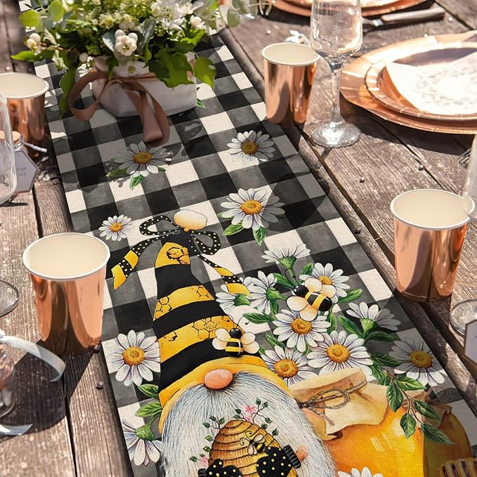 Seliem Spring Bee Gnome Table Runner, Honey Black White Buffalo Plaid Check - Image 2