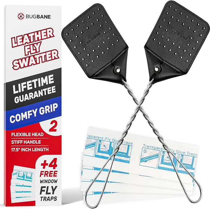 2 Leather Fly Swatter for Indoors. Long Handle, Heavy Duty Fly Swatter Manual by Bugbane