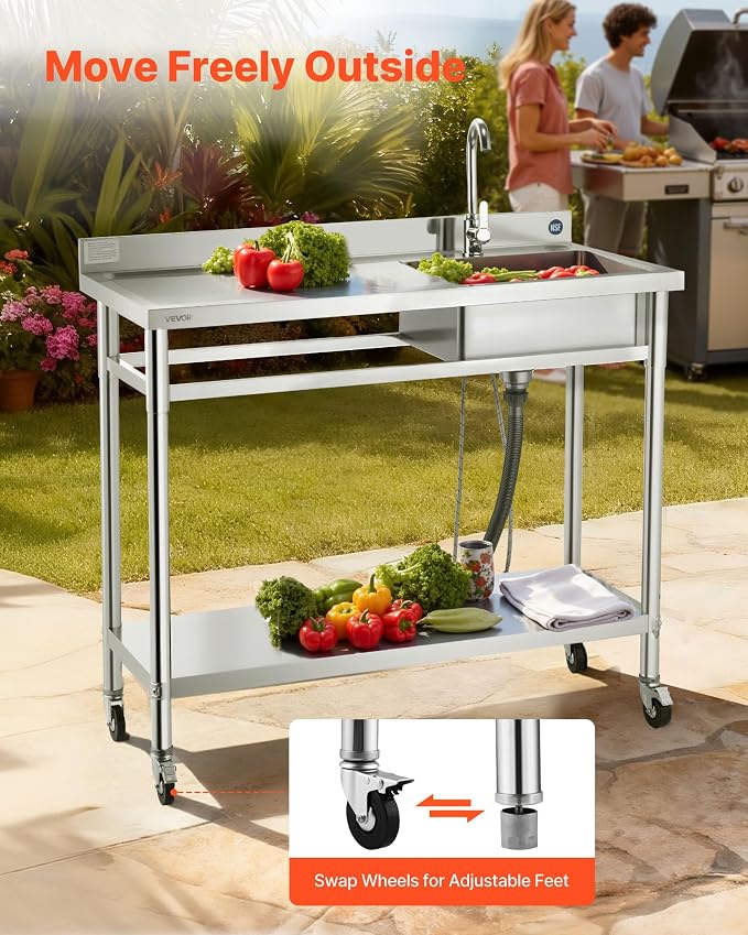 VEVOR Stainless Steel Utility Sink, Rolling Single Bowl Commercial Kitchen Sink - Image 3