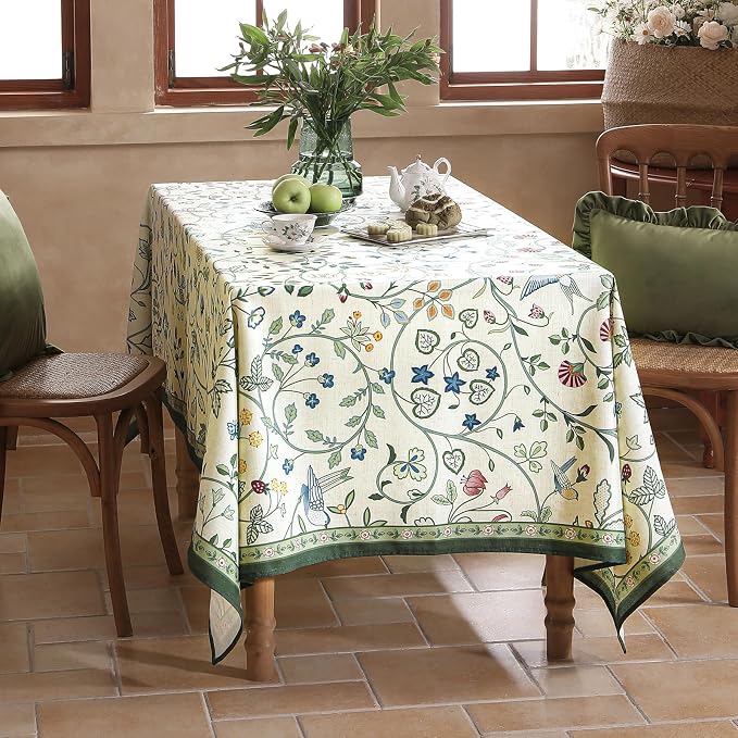 Linen Table Cloth Rectangle, Wrinkle Resistant French White and Green - Image 7