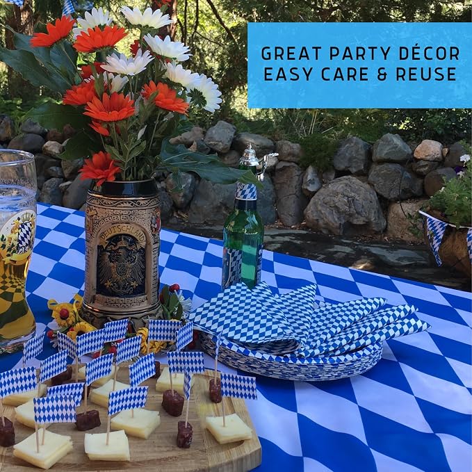 Blue & White Oktoberfest Tablecloth 40" x 40" – Bavarian Checkered Polyester - Image 4