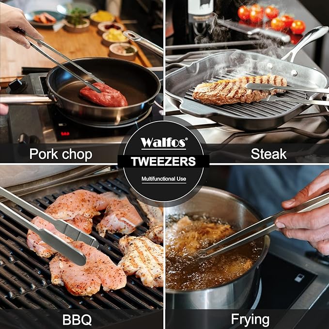 Tweezer Tongs, 3-Piece Stainless Steel Set in 8, 10 and 12 Inch