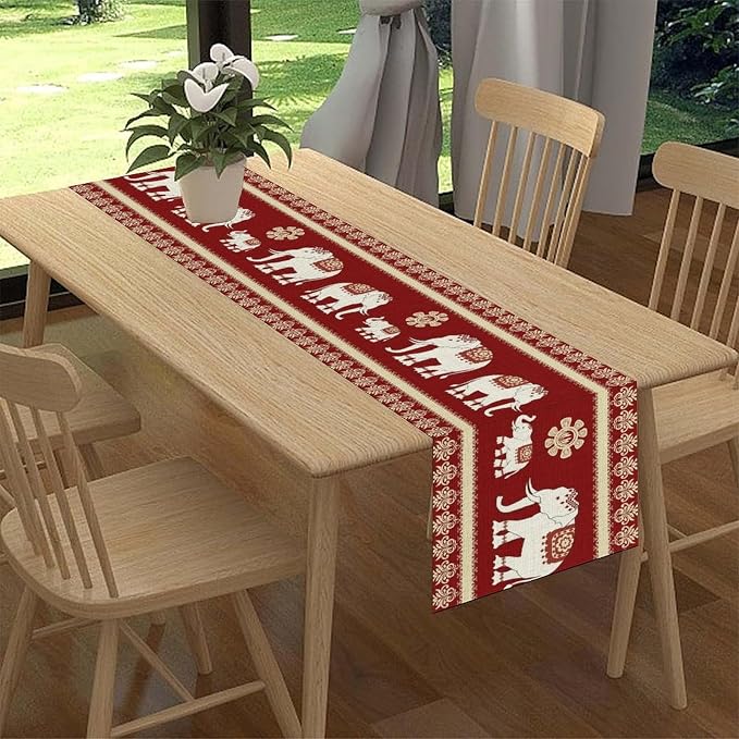 African Tribe Table Runner, Boho Red Elephants Tribal Traditional Diwali India - Image 2