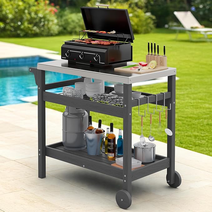 SERWALL Outdoor Grill Cart Pizza Oven Stand Trolley Table - Image 4