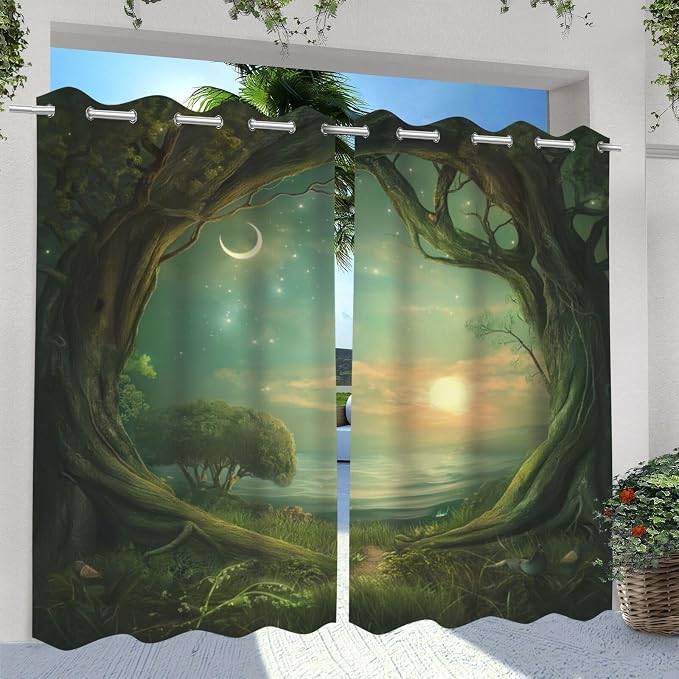 Forest Theme Outdoor Curtains for Patio Waterproof, Trees Moon Lake Pattern - Image 2