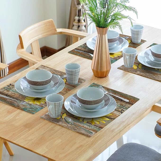 Giwawa Rustic Daisy Placemats Set of 4- Yellow Sunflowers Vintage Wood Board - Image 7