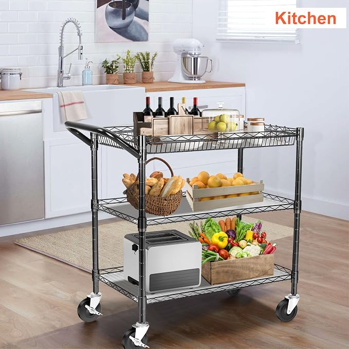 Heavy Duty Utility Cart, 990Lbs Capacity 3 Tier Rolling Carts - Image 3