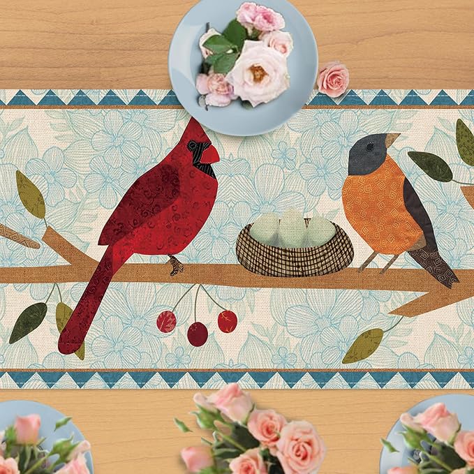 Seliem Spring Summer Birds Blue Table Runner, Cardinal Chickadee Bluebird - Image 4