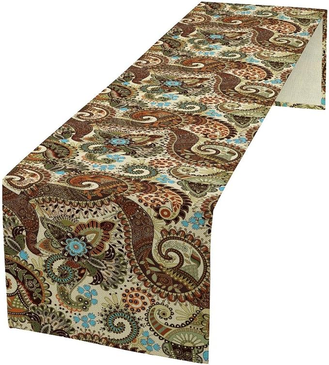 Brown Paisley Table Runner, Rustic Damask Antique Floral Flower Retro Boho - Image 6