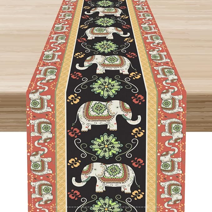 Boho Elephant Table Runner, Rustic African Tribe Indian Diwali Floral Ethnic by Unknown