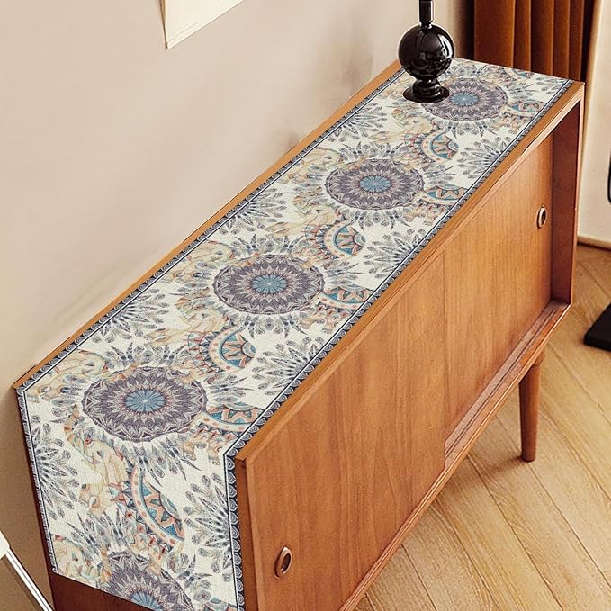 Boho Table Runner, Rustic Blue African Tribe Elephant Indian Diwali Damask - Image 3