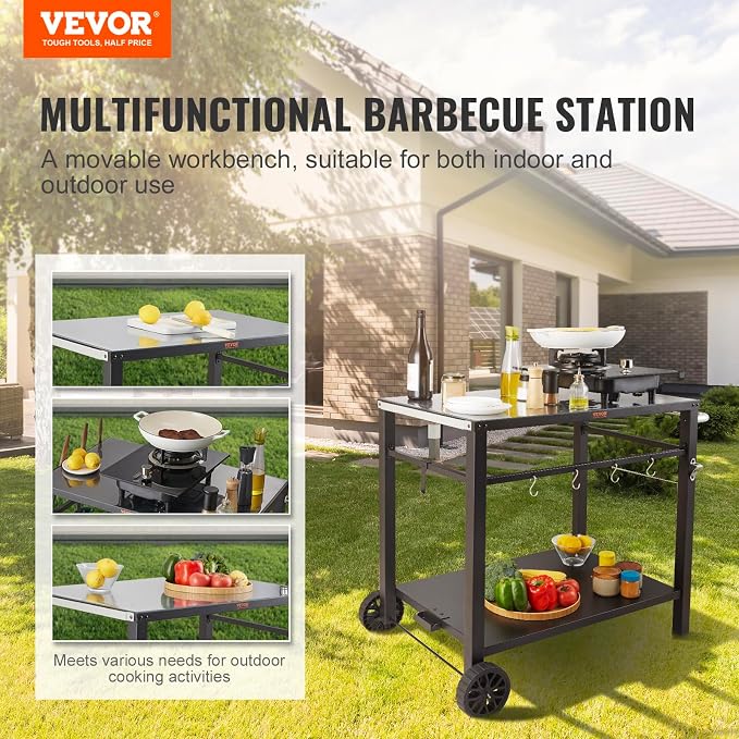 VEVOR Outdoor Grill Cart with Double-Shelf, BBQ Movable Food Prep Table with - Image 2