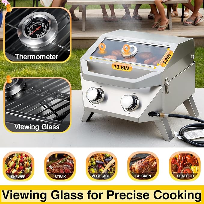 BESTFIRE 2-Burner Tabletop Propane Grill, 20000 BTU Stainless Steel Portable BBQ - Image 5
