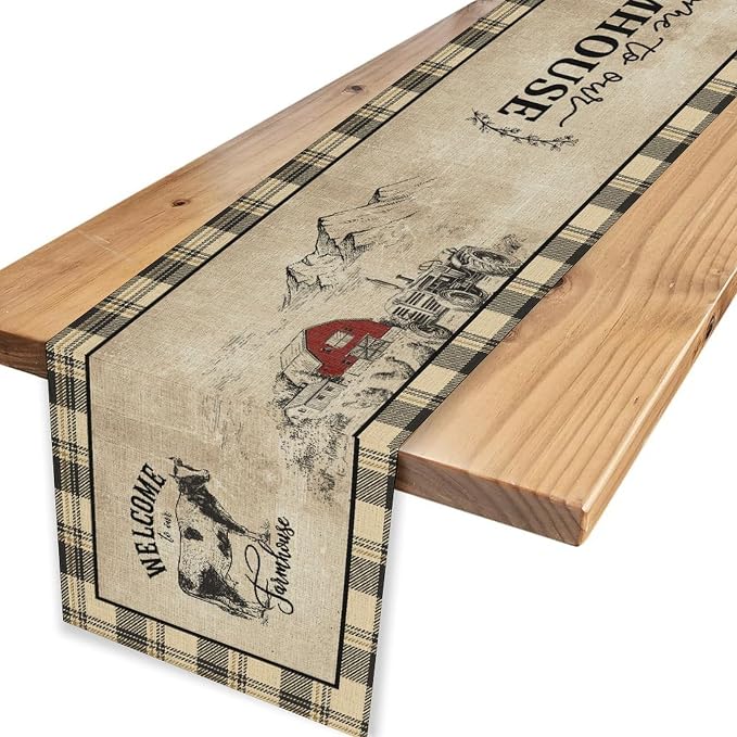 Farmhouse Table Runner, Rustic Country Barn Cottage Rooster Cow Check Animal - Image 4