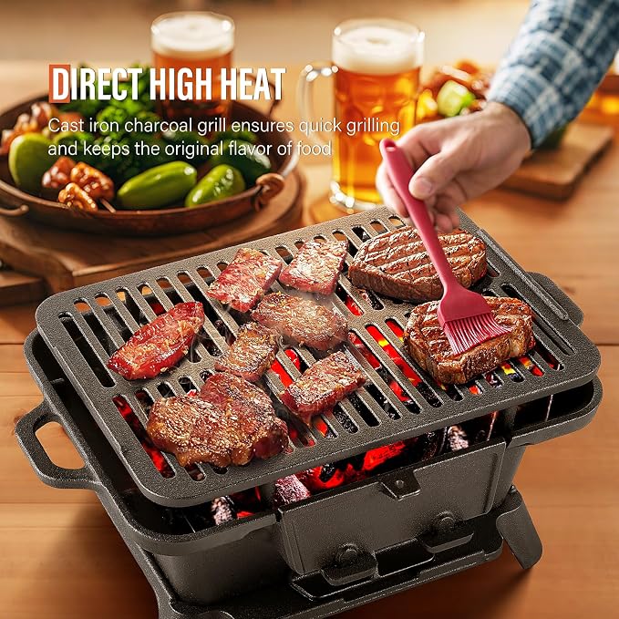 Hibachi Grill Outdoor, Portable Mini Charcoal Grill, Pre-Seasoned Cast Iron - Image 3