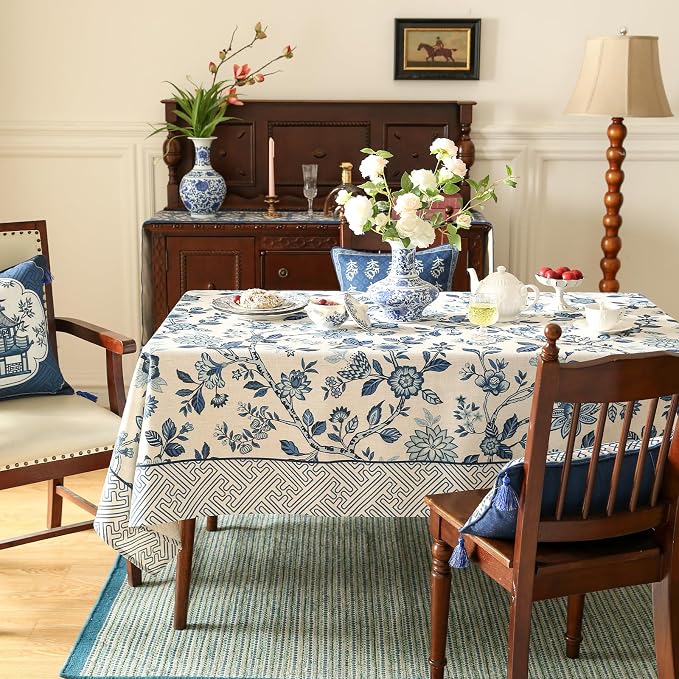 Vintage Blue and White Rectangle Tablecloth, French Linen Floral Wrinkle Free - Image 2