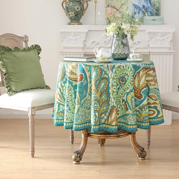 Linen 67 Inch Round Tablecloth, Wrinkle Resistant French Green Tablecloth Print - Image 7