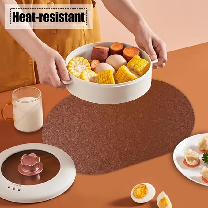 Waterproof Placemats Set of 6 Oval, Reversible Faux Leather Placemat Heat - Image 5