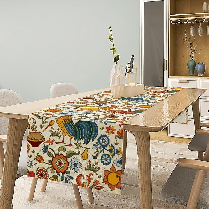 Farm Animal Table Runner, Boho Folk Style Country Rustic Farmhouse Rooster - Image 2