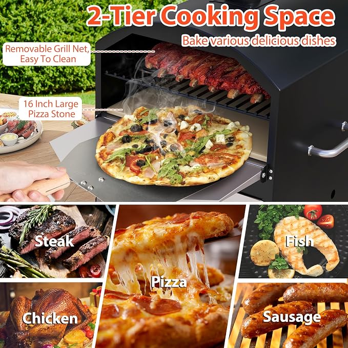 Happygrill Pizza Oven Outdoor, 16” 2-Layer Wood Fired Pizza Maker - Image 9