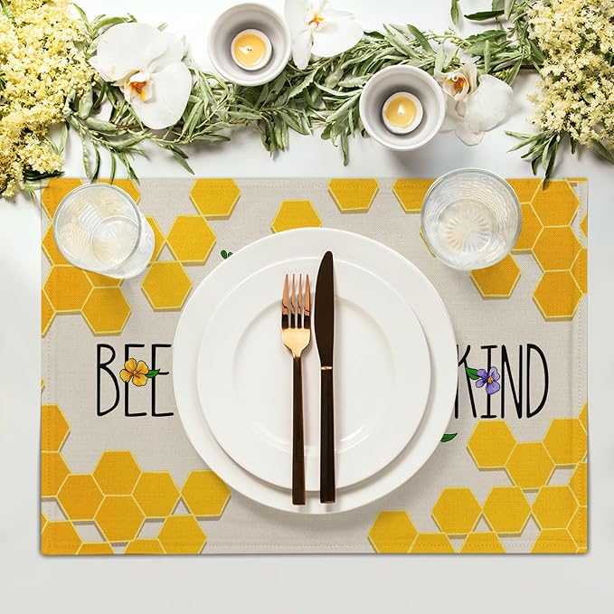 Giwawa Bee Kind Placemats Set of 4-12"x18" Summer Bees Floral Linen Place Mat- - Image 3