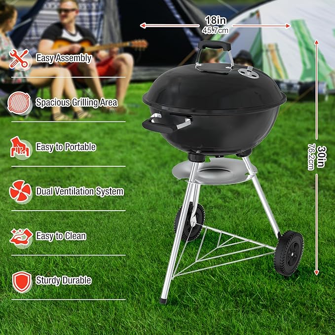 18 inch Charcoal Grill, Portable Kettle BBQ Grills, Perfect BBQ Gift, Durable & - Image 3