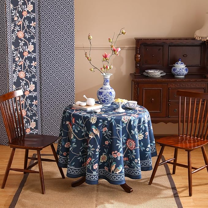 patdrea Designer Dark Blue Linen Round Tablecloth, Vintage Navy French Floral - Image 5